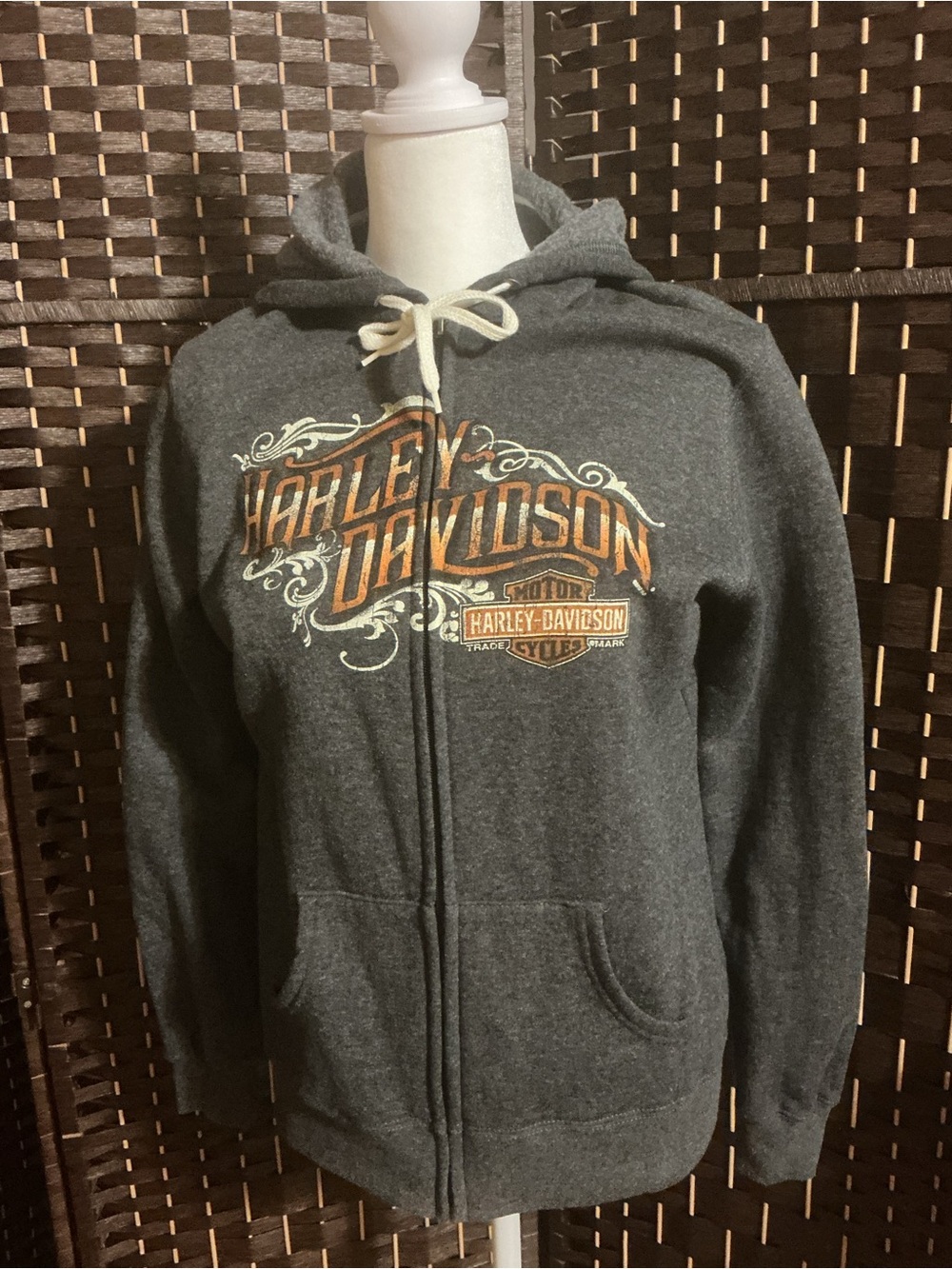 Harley-Davidson Charcoal Gray Zip-Up Hoodie with Orange Logo